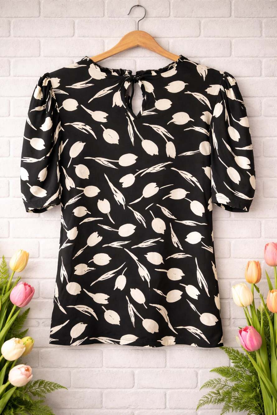 BYdesign Black and White Tulip Print Ruffle Neck Puff Sleeve Blouse - Picture 2 of 4